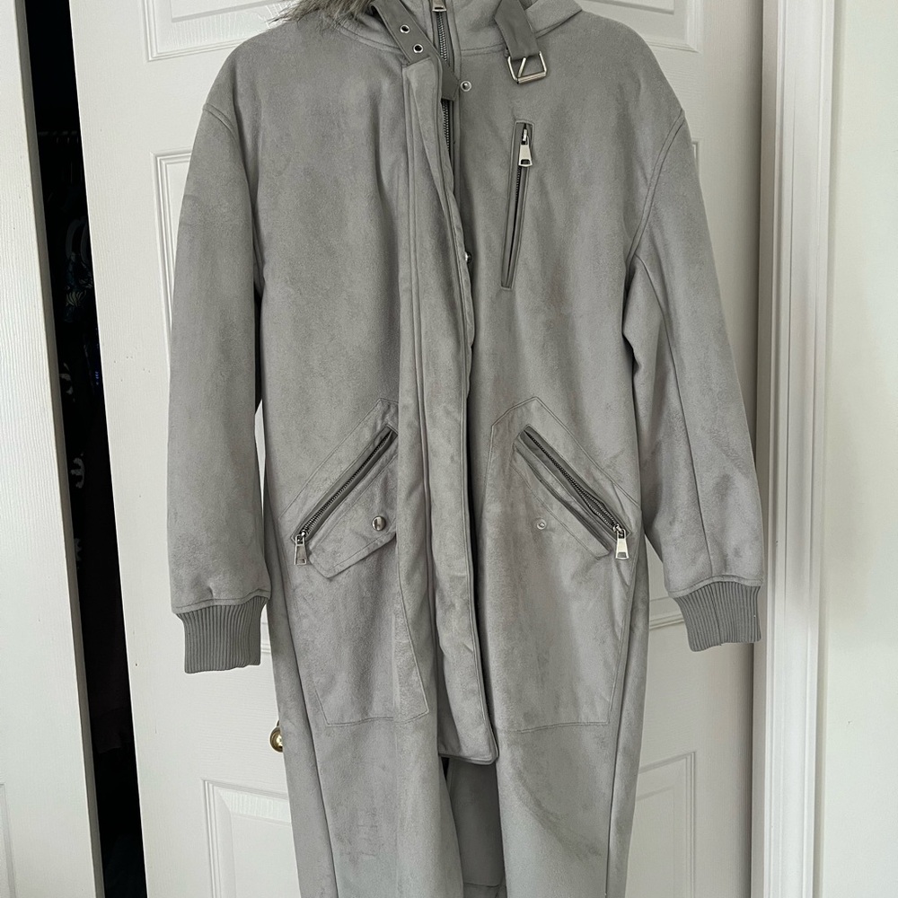 Urbancode Grey Faux Suede and Fur Trim Parka Coat